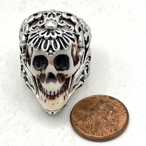 Mens Gothic Skull Ring W/ Floral Engraving Adjustable Open Band Zinc Alloy A75